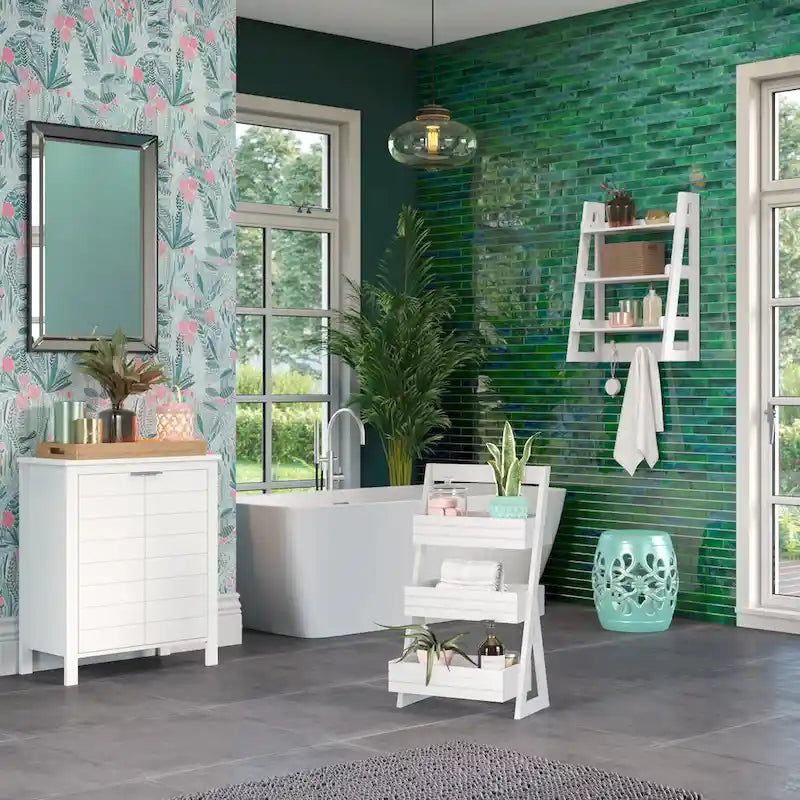 Étagère de rangement portable à 3 niveaux peinte en blanc avec poignée supérieure et détail de rainure horizontale – Unité unique