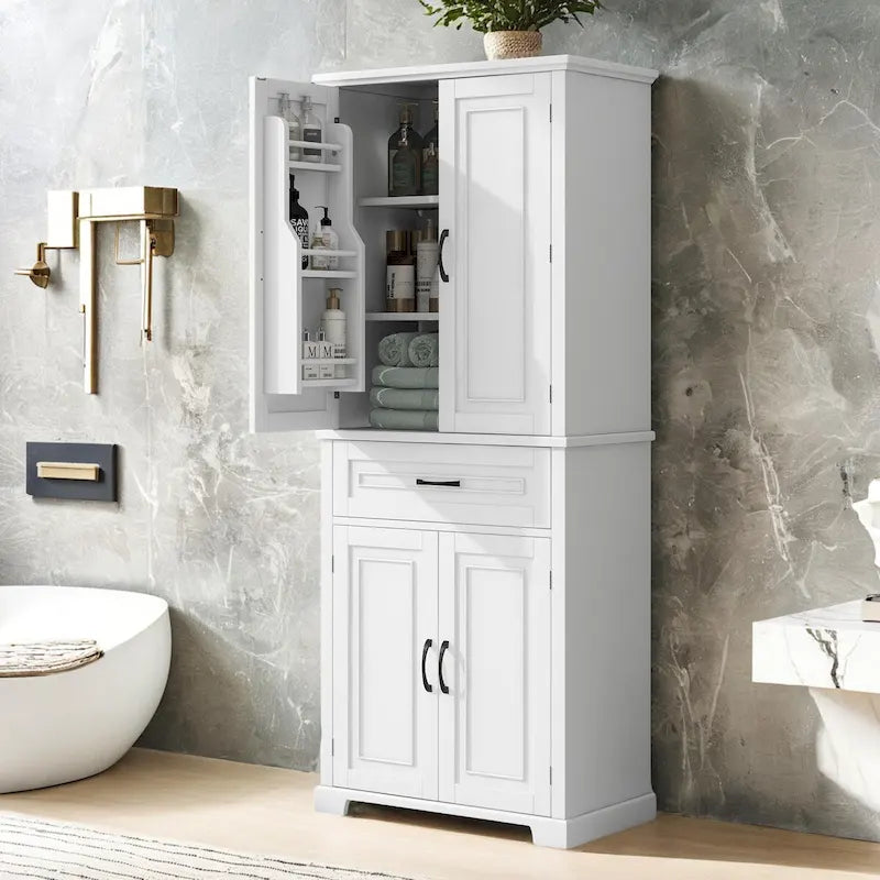 Meuble de rangement de salle de bain haut blanc/gris/noir avec 4 portes, 1 tiroir et étagère réglable – Unité individuelle