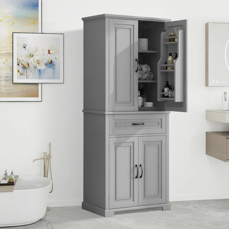 Meuble de rangement de salle de bain haut blanc/gris/noir avec 4 portes, 1 tiroir et étagère réglable – Unité individuelle