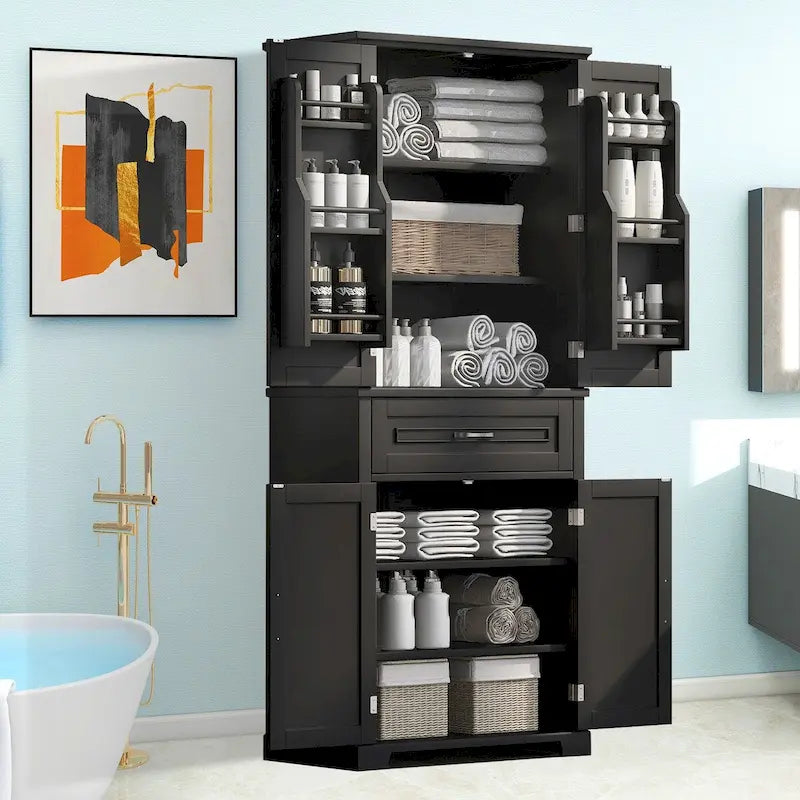 Meuble de rangement de salle de bain haut blanc/gris/noir avec 4 portes, 1 tiroir et étagère réglable – Unité individuelle