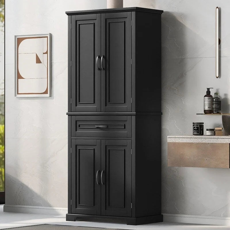 Meuble de rangement de salle de bain haut blanc/gris/noir avec 4 portes, 1 tiroir et étagère réglable – Unité individuelle