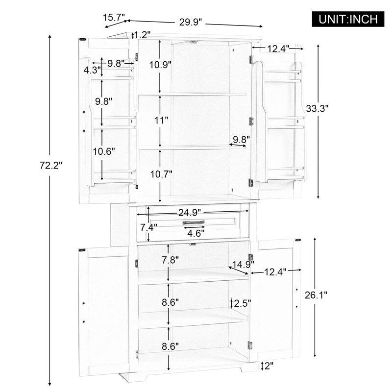 Meuble de rangement de salle de bain haut blanc/gris/noir avec 4 portes, 1 tiroir et étagère réglable – Unité individuelle