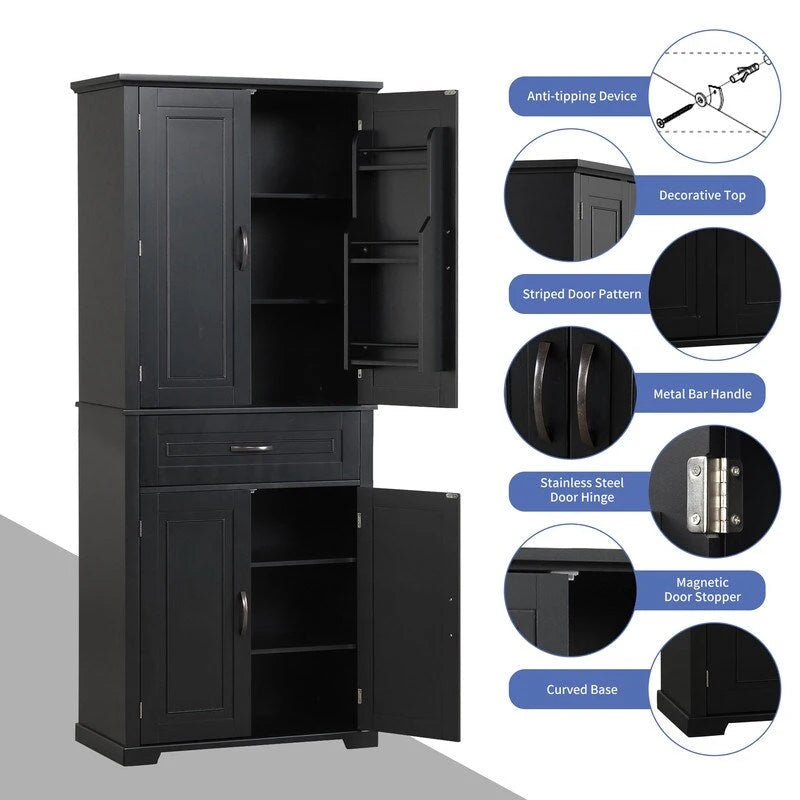 Meuble de rangement de salle de bain haut blanc/gris/noir avec 4 portes, 1 tiroir et étagère réglable – Unité individuelle
