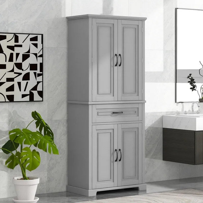 Meuble de rangement de salle de bain haut blanc/gris/noir avec 4 portes, 1 tiroir et étagère réglable – Unité individuelle