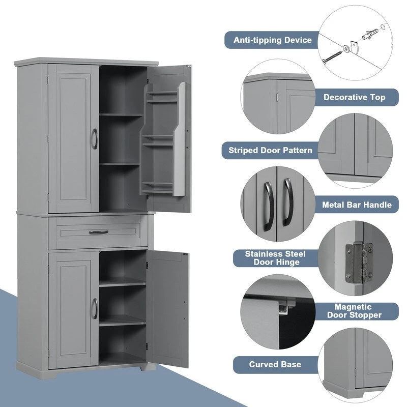 Meuble de rangement de salle de bain haut blanc/gris/noir avec 4 portes, 1 tiroir et étagère réglable – Unité individuelle