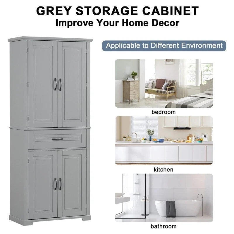 Meuble de rangement de salle de bain haut blanc/gris/noir avec 4 portes, 1 tiroir et étagère réglable – Unité individuelle