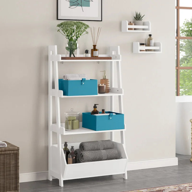 RiverRidge Amery 4-Tier 24in Ladder Shelf with Display Shelf and Storage Organizer Bin - White with 2 10 Floating Bookshelves