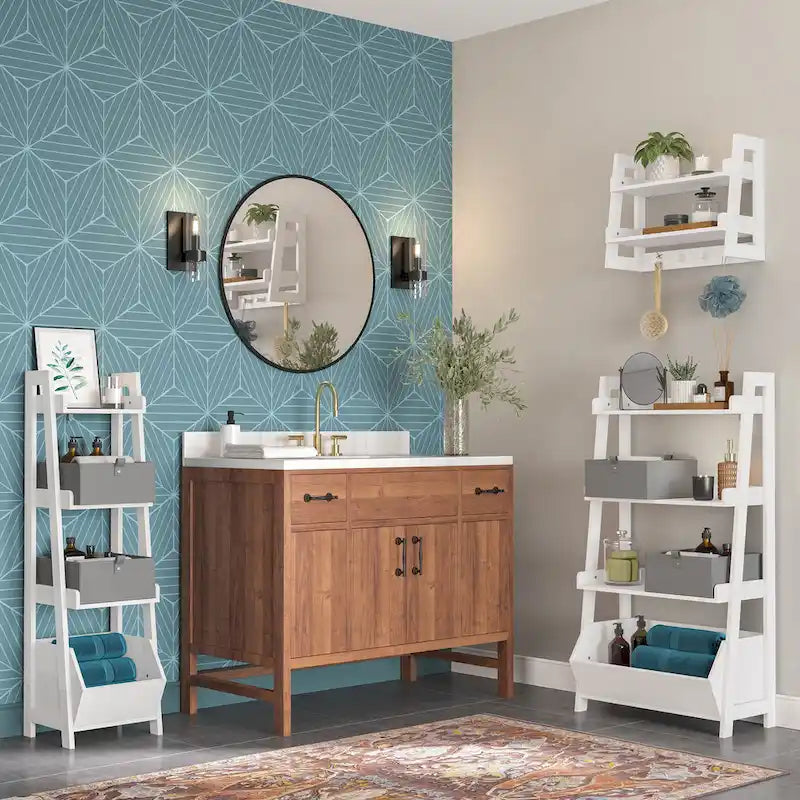 Étagère échelle blanche à 4 niveaux avec 3 étagères ouvertes, un bac de rangement inférieur et une fixation murale – Unité unique