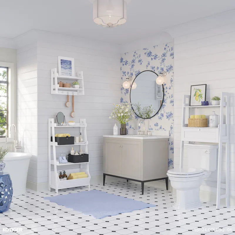 Étagère échelle blanche à 4 niveaux avec 3 étagères ouvertes, un bac de rangement inférieur et une fixation murale – Unité unique