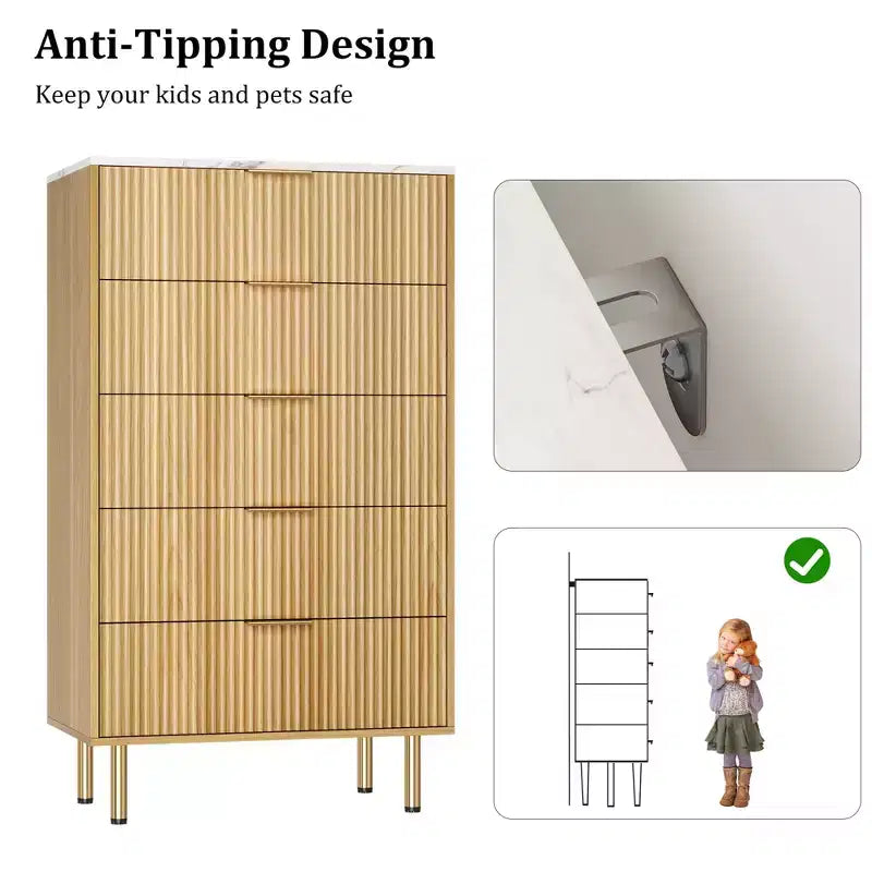 Commode 5 tiroirs blanc / marbre et bois – Panneau cannelé, pour usage individuel