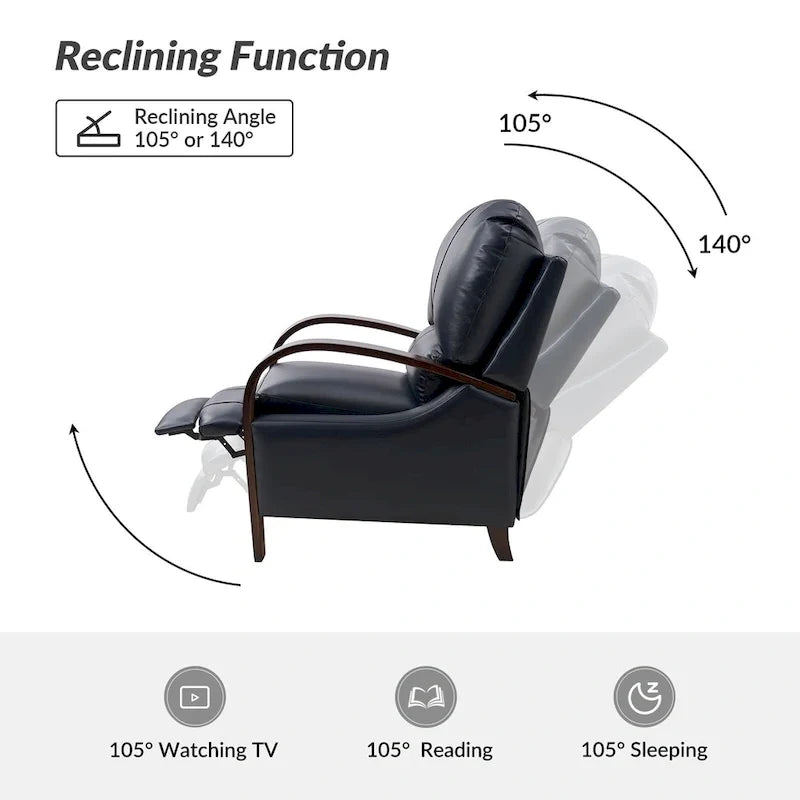 Fauteuil inclinable manuel Alex Mid-century Modern Cigar en cuir véritable avec accoudoirs incurvés en bois