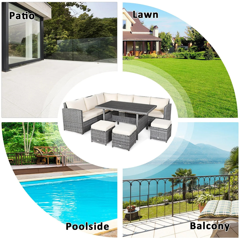 Ensemble de salle à manger Costway 7 pièces en rotin pour terrasse, canapé sectionnel et pouf - Voir détails