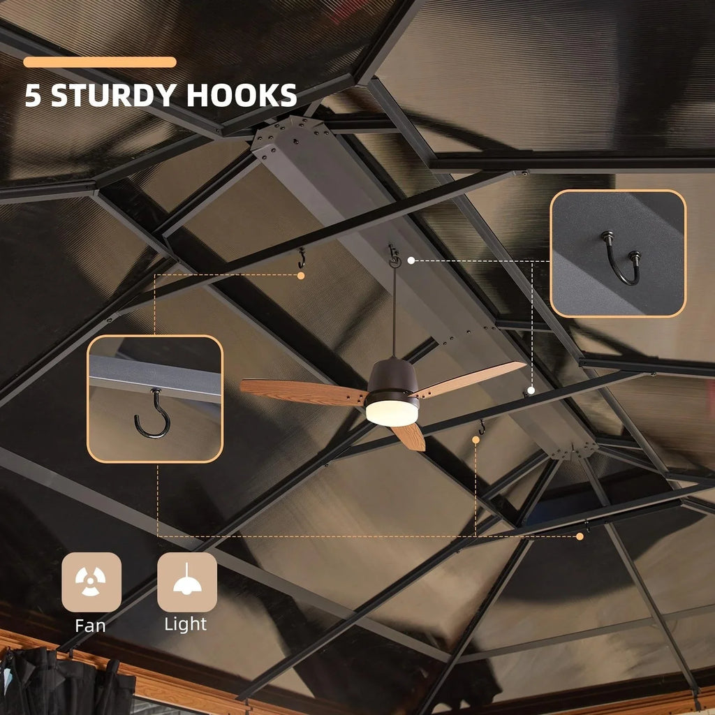 Tonnelle EROMMY à toit rigide, pergola extérieure avec double toit, moustiquaire et rideaux, auvent robuste pour patio, jardin, fête au bord de la piscine