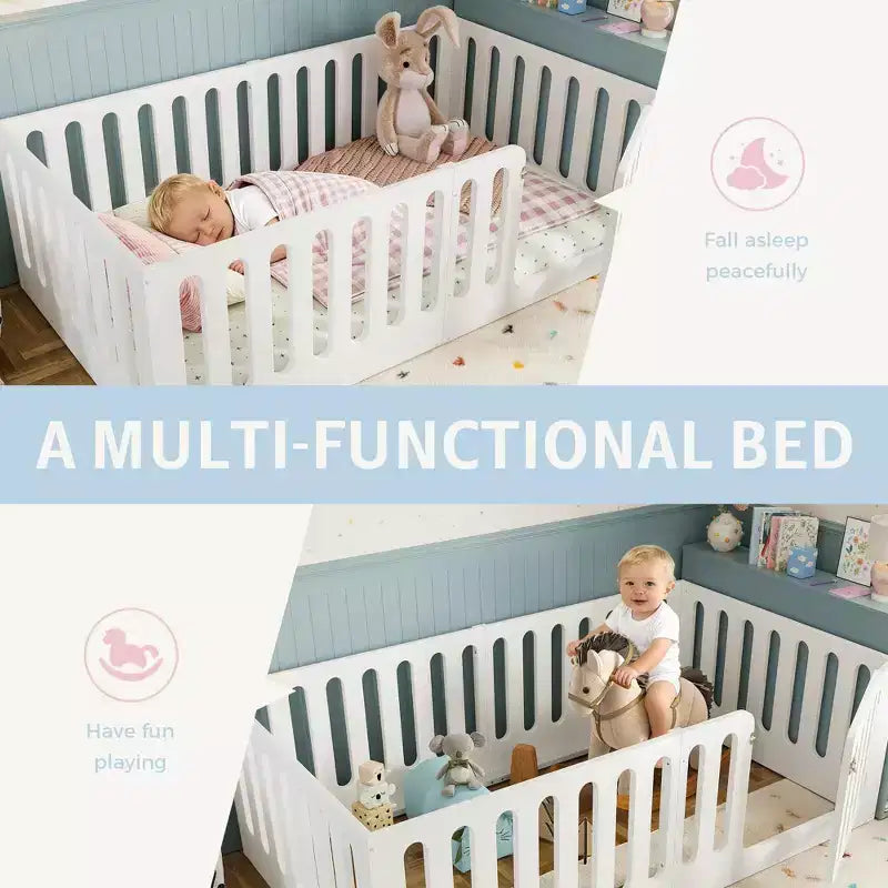 Lit au sol Montessori blanc pour enfant, modèle deux places avec barrières et porte, en bois massif, 1 place