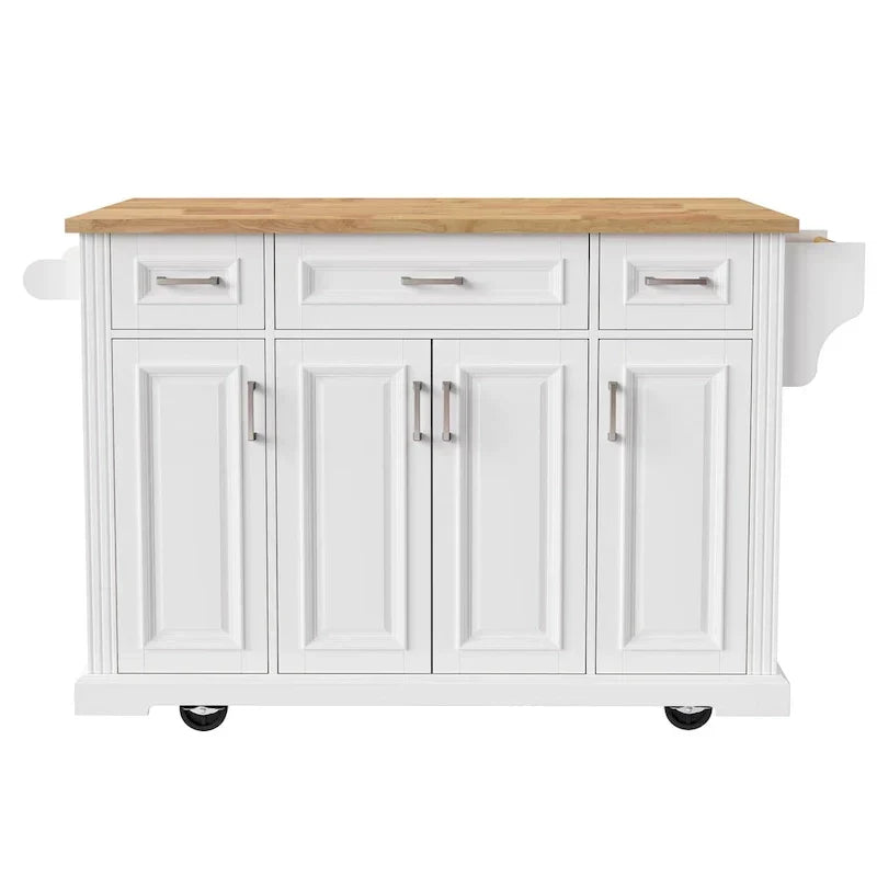 Grand îlot de cuisine avec rabat en bois, desserte de cuisine roulante texturée en relief avec portes et tiroirs avec rangement pour la cuisine, blanc