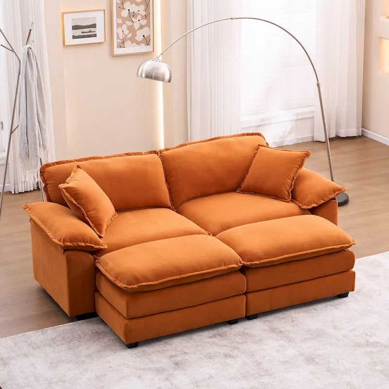 Canapé 2 places avec 2 coussins de siège, 2 oreillers et 2 poufs, canapé confortable - Canapé profond de salon, canapé modulable