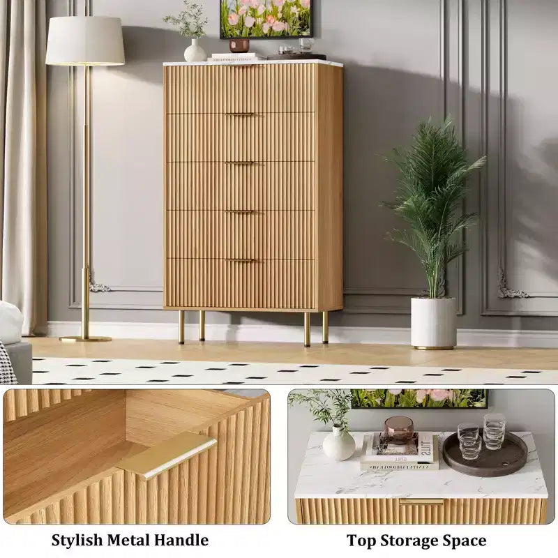 Commode 5 tiroirs blanc / marbre et bois – Panneau cannelé, pour usage individuel