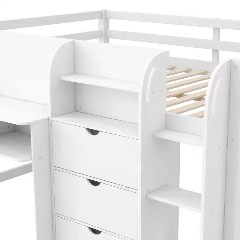 Lit mezzanine bas rose/blanc avec bureau, rangement et tableau blanc – 1 personne, format simple