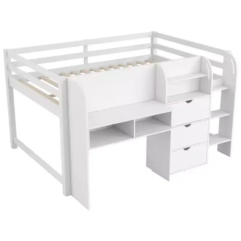 Lit mezzanine bas rose/blanc avec bureau, rangement et tableau blanc – 1 personne, format simple