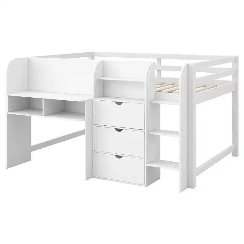 Lit mezzanine bas rose/blanc avec bureau, rangement et tableau blanc – 1 personne, format simple