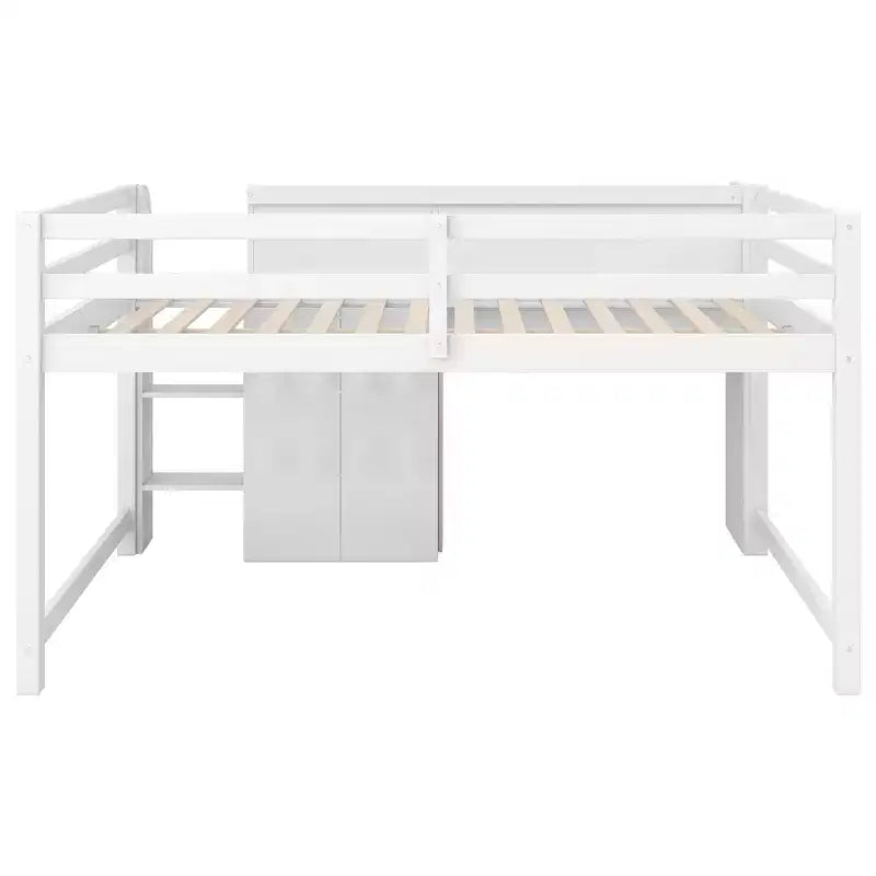 Lit mezzanine bas rose/blanc avec bureau, rangement et tableau blanc – 1 personne, format simple