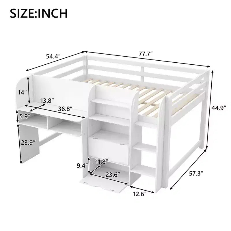 Lit mezzanine bas rose/blanc avec bureau, rangement et tableau blanc – 1 personne, format simple