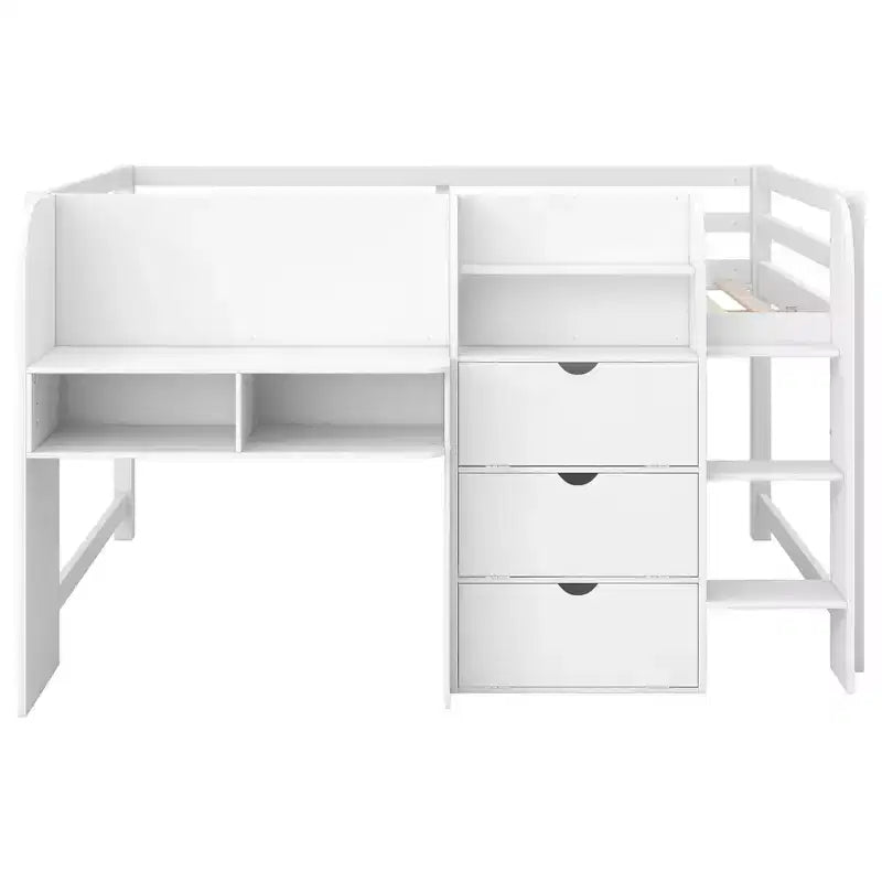 Lit mezzanine bas rose/blanc avec bureau, rangement et tableau blanc – 1 personne, format simple