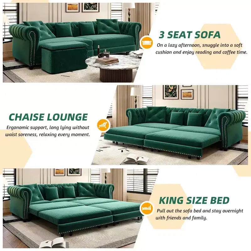 Canapé-lit gigogne 3-en-1 King Size Whisen Velvet et canapé convertible avec pouf mobile, design capitonné