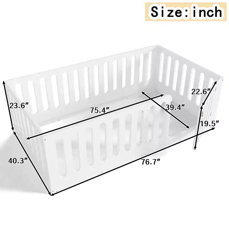 Lit au sol Montessori blanc pour enfant, modèle deux places avec barrières et porte, en bois massif, 1 place