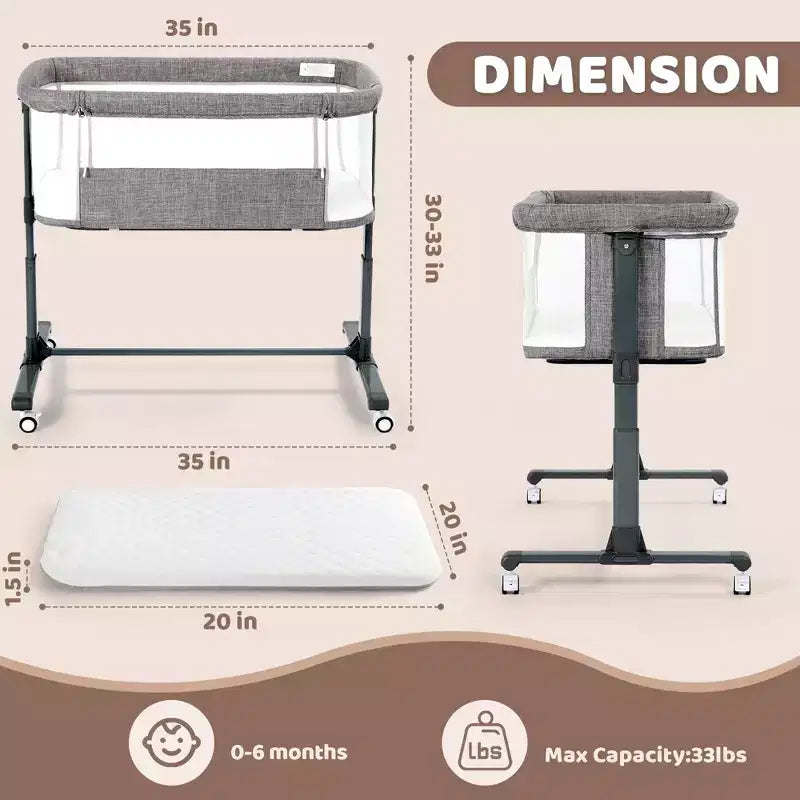 Berceau pour bébé avec roulettes - Beige / Gris / Rose, cododo, pour 1 bébé
