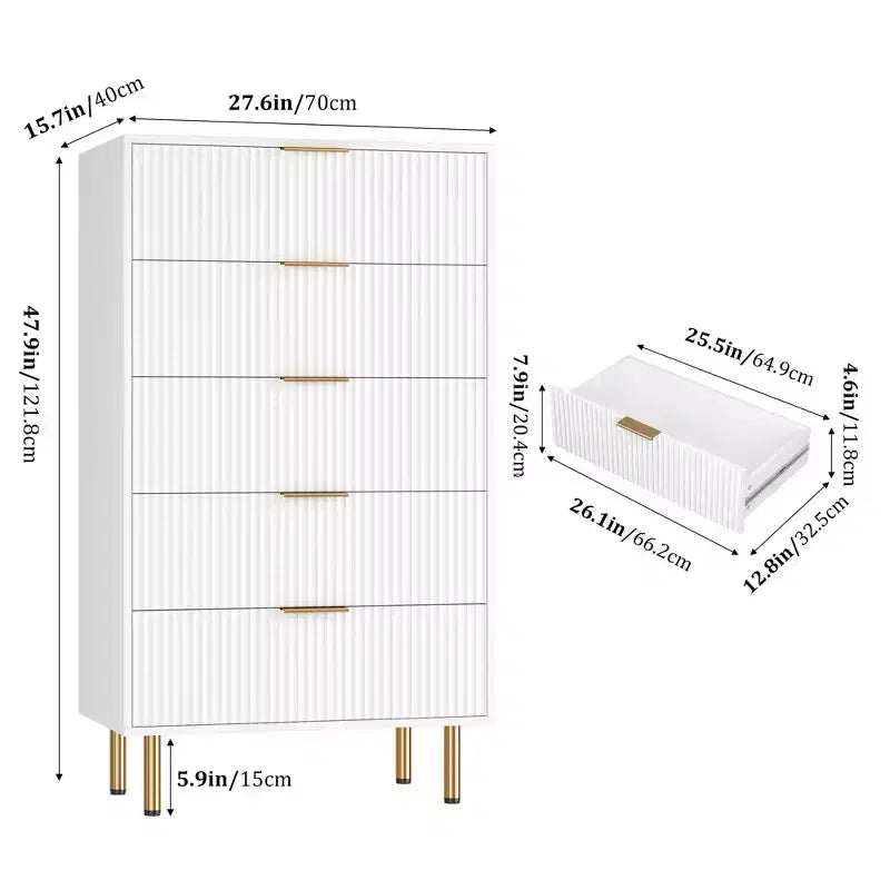 Commode 5 tiroirs blanc / marbre et bois – Panneau cannelé, pour usage individuel