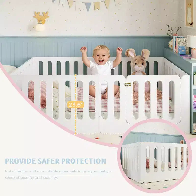 Lit au sol Montessori blanc pour enfant, modèle deux places avec barrières et porte, en bois massif, 1 place