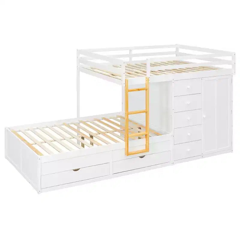 Lit superposé double sur double avec armoire de rangement et tiroirs, lit superposé double en bois peu encombrant avec garde-corps pour appartement, chambre à coucher