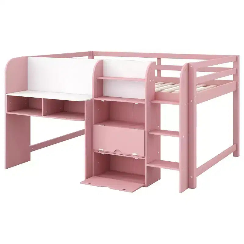 Lit mezzanine bas rose/blanc avec bureau, rangement et tableau blanc – 1 personne, format simple