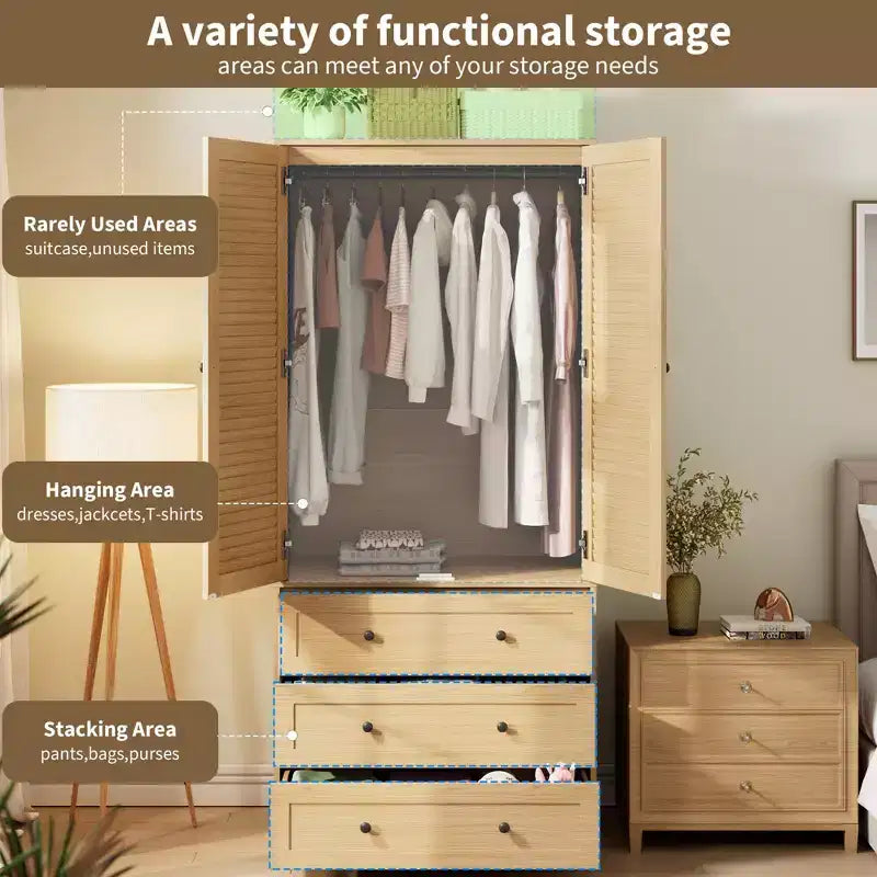 COZONY Armoire penderie avec 3 tiroirs et 2 portes, Placard de rangement moderne en bois pour chambre à coucher, Armoire sur pied blanche robuste