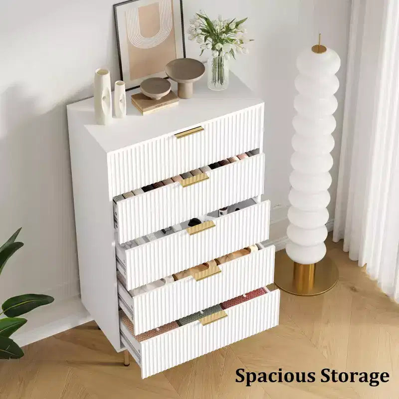 Commode 5 tiroirs blanc / marbre et bois – Panneau cannelé, pour usage individuel