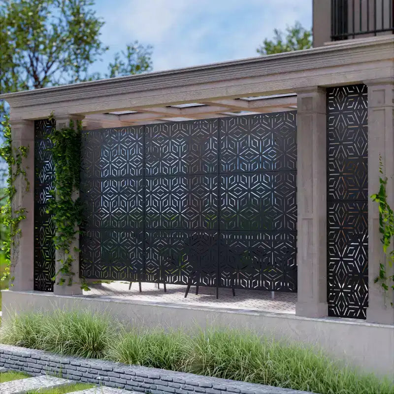 Paravent à 3 panneaux avec motif géométrique – Acier galvanisé noir