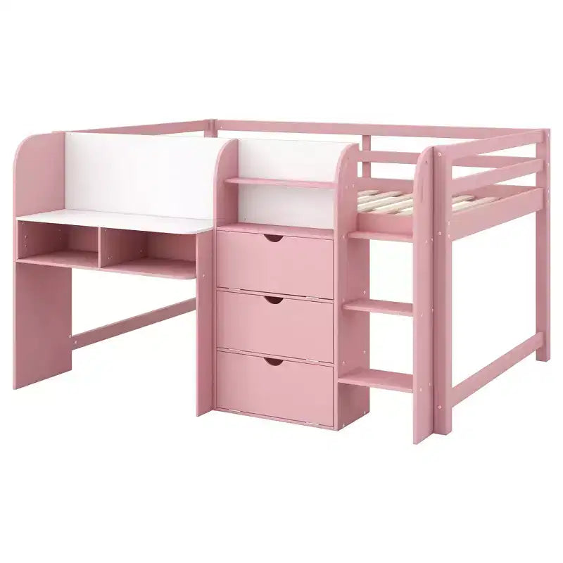 Lit mezzanine bas rose/blanc avec bureau, rangement et tableau blanc – 1 personne, format simple