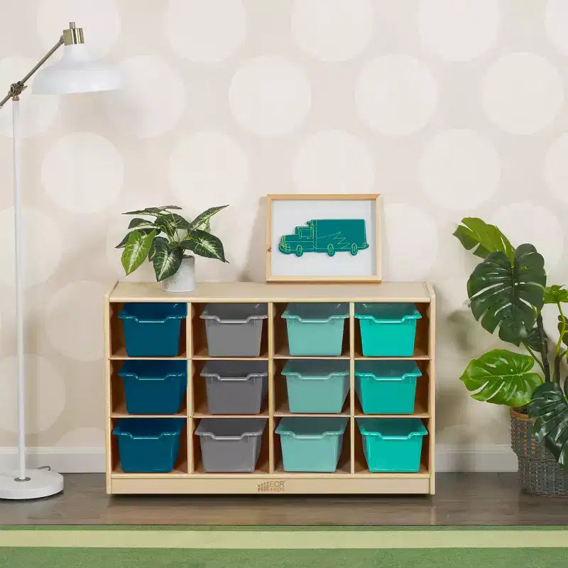 Meuble de rangement à roulettes Cubby avec 15 bacs à ouverture frontale, 3x4, Meuble pour enfants